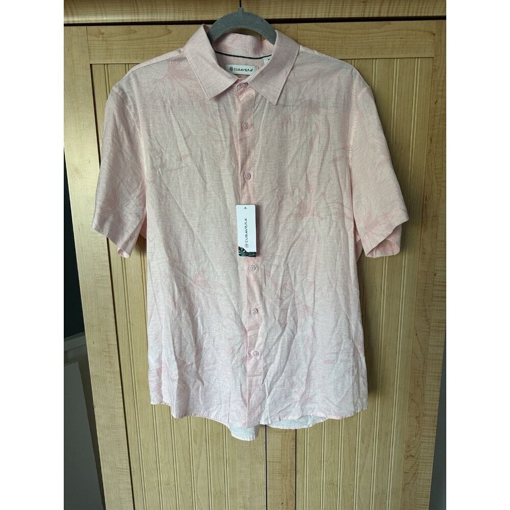 CUBAVERA Pastel Pink Floral Hawaiian Shirt Lightweight Linen Blend Size M